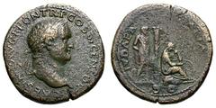 Titus as Caesar. 70-79 AD. Sestertius, 27.24g. (h). Lugdunum, 77-8 AD. Obv: [T] CAES IMP AVG F PON TR P COS VI CENSOR Head laureate right, globe below point of neck. Rx: IVDAEA - CAPTA S C Judaea seat