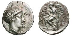 Bruttium. Terina. 410-405 BC. Stater, 7.16g. (h). Obv: Head of nymph Terina right, hair in sphendone decorated with meander pattern, wearing necklace; artist's signature Π behind. Rx: Nike seated left