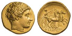 Macedonian Kingdom. Philip II. 359-336 BC. Stater, 8.61g. (h). Pella II 1, c. 340-328 BC. Obv: Laureate head of Apollo right. Rx: ΦΙΛΙΠΠΟΥ Galloping biga driven right by charioteer holding whip; tride