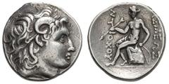 Hybrid of Lysimachus and Seleucid types, ancient imitation. 306-281 BC. Tetradrachm, 15.44g. (h). Uncertain Mint, c. 245-225 BC. Obv: Head of Alexander the Great right, horned, wearing diadem. Rx: [Β]
