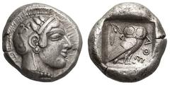 Attica. Athens. c. 470/65 BC. Tetradrachm, 17.00g. (h). Obv: Helmeted head of Athena right. Rx: ΑΘΕ Owl standing right, head facing, with olive sprig and crescent behind. Starr Group IIA, 20 (same die