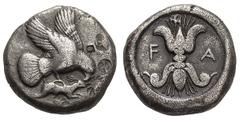 Elis, Olympia. 85th Olympiad, 440 BC. Stater, 11.71g. (h). Obv: Eagle flying right with both wings above his body, grasping hare by the back with his talons and tearing at it with his beak. Rx: Thunde