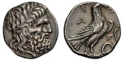 Elis. Olympia. c. 269-250 BC. Stater, 12.28g. (h). Obv: Laureate head of Zeus right. Rx: F-A, eagle with closed wings standing right on tail of coiled serpent, control letters A-P (latter retrograde) 