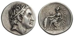 Pergamum Kingdom. Philetaerus. 282-263 BC. Tetradrachm, 16.90g. (h). Obv: Laureate head of Seleucus I right. Rx: ΦΙΛΕΤΑΙΡΟΥ Athena enthroned left, extending right hand to shield before her, and holdin
