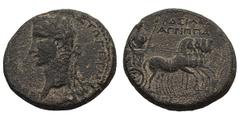 Agrippa I. 37-44 AD. AE 25, 12.07g. (h). Caesarea Paneas, Year 5, 40/1 AD. Obv: [ΓΑΙΩ ΚΑΙΣΑΡΙ ΣΕΒ]ΑΣΤΩ ΓΕΡΜΑΝ[ΙΚΩ] (For Gaius Caesar Augustus Germanicus), Laureate head of Caligula left. Rx: [ΝΟΜΙΣ]ΜΑ