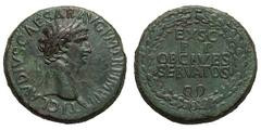 Claudius I. 41-54 AD. Sestertius, 27.66g. (h). Tarraco, early 42 AD. Obv: TI CLAVDIVS CAESAR AVG P M TR P IMP P P Head laureate right. Rx: EX S C / P P / OB CIVES / SERVATOS in four lines within oak w