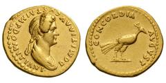 Domitia, Wife of Domitian. . Aureus, 7.55g. (h). Rome, c. 83 AD. Obv: DOMITIA AVGVSTA IMP DOMITIANI (counterclockwise) Bust draped right. Rx: CONCORDIA - AVGVST (clockwise) Peacock standing right. RIC