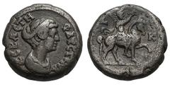 Faustina II. Billon Tetradrachm, 12.44g. (h). Alexandria, Year 20 = 156/7 AD. Obv: ΦAYCTINA - CEBACTH Bust draped right. Rx: Antoninus Pius on horse pacing right; the emperor is laureate, wears milita