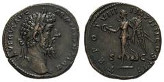 Lucius Verus. 161-169 AD. Sestertius, 21.35g. (h). Rome, 168 AD. Obv: L VERVS AVG - ARM PARTH MAX Head laureate right. Rx: TR P VIII - IMP IIII COS III S - C Victory advancing left holding wreath and 