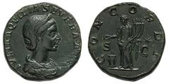 Aquilia Severa, second and fourth wife of Elagabalus. . Sestertius, 19.27g. (h). Rome, Late 220 AD. Obv: IVLIA AQVILIA SEVERA AVG Bust draped right with ealry coiffure and wearing stephane. Rx: CONCOR