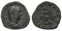 Gordian I Africanus. 238 AD. Sestertius, 18.72g. (h). Rome. Obv: IMP CAES M ANT GORDIANVS AFR AVG Bust laureate, draped, cuirassed right. Rx: VICTORIA AVGG around, S - C in field, Victory advancing le