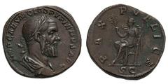 Pupienus. 238 AD. Sestertius, 19.28g. (h). Rome. Obv: IMP CAES M CLOD PVPIENVS AVG Bust draped, cuirassed right. Rx: PAX - PVBLICA around, S C in exergue, Pax seated left holding branch and scepter. B
