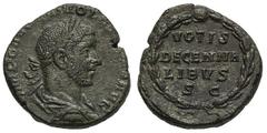 Volusian, Son of Trebonianus Gallus. 251-253 AD. Sestertius, 17.40g. (h). Rome. Obv: [IM]P CAE [C VIB] VOLV[SIANO] AVG Bust laureate, draped, cuirassed right. Rx: VOTIS / DECENNA / LIBVS / S C in four