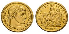 Constantine I. 307-337 AD. Solidus, 4.44g. (h). Ticinum, 315 AD. Obv: CONSTANTI - NVS P F AVG Head laureate right. Rx: RECTOR TOTIVS ORBIS Constantine in military dress seated left on cuirass and two 