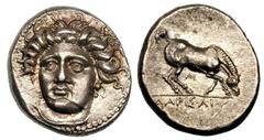 THESSALY. Larissa. Ca. 400-370 BC. Silver drachm (6.11 gm). Head of nymph Larissa three quarters left, wearing ampyx and pendant earring, artist's signature AI in tiny letters above / LARISAI, bridled