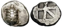 AEGINA. Aegina. Ca. 456-445 BC. Silver stater (12.33 gm). Tortoise with segmented shell sprinkled with small pellets / "Skew" incuse. Milbank pl. ii, 10. Extremely rare. Good very fineThe pellet-sprin