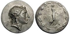 AEOLIS. Myrina. Ca. 155-150 BC. Silver tetradrachm (16.86 gm). Laureate head of Apollo right / MURINAIWN,, Apollo of Grynium standing right, holding phiale in right hand and filleted branch in left, o