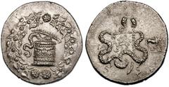 LYDIA. Tralles. Ca. 155-145 BC. Silver cistophoric tetradrachm (12.71 gm). Serpent emerging from cista mystica, all within Dionysiac wreath of ivy leaves and berries / Bowcase ornamented with aphlasto