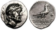 LYCIA. Oenoanda. Second century BC. Silver didrachm (8.31 gm). Laureate head of Zeus right, [B] and lotus scepter behind / OINOAN/DEw[N], eagle standing right on thunderbolt, G and grape cluster to ri