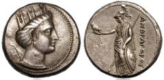 SATRAP OF PARTHIA. Andragoras (ca. 330-240 BC). Silver tetradrachm (16.79 gm). Turreted head of Tyche right, wearing pendant earring and necklace, HRAI monogram behind / ANDRAGOROU, Athena standing le