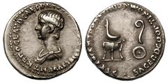 Nero, as Caesar (AD 51-54). Silver denarius (3.79 gm). Lugdunum, struck by Claudius, AD 51-54. NERO CLAVD CAES DR[VSVS GERM PR]INC IVVENT, bare-headed, draped bust left / SACERD COOPT IN OMN CONL SVPR