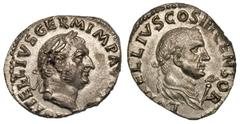 Vitellius and his father. Silver denarius (3.04 gm). Rome, AD 69. [A] VITELLIVS GERM IMP AVG [TR P], laureate head of Vitellius right / L VITELLIVS COS III CENSOR, laureate, draped bust of L. Vitelliu