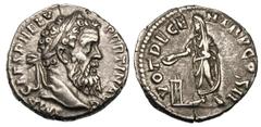 Pertinax (AD 193). Silver denarius (3.33 gm). Rome. IMP CAES P HELV PERTIN AVG, laureate head right / VOT DECEN TR P COS II, Pertinax, togate and veiled, sacrificing left from patera over altar. BMCRE