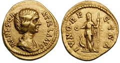 Manlia Scantilla (wife of Didius Julianus). Gold aureus (6.73 gm). Rome. MANL SCA-NTILLA AVG, draped bust right / IVNO REGINA, Juno standing left, holding patera and scepter, peacock at her feet. BMCR