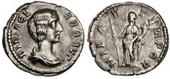 Didia Clara (daughter of Didius Julianus). Silver denarius (2.44 gm). Rome. DIDIA CLARA AVG, draped bust right / HILAR TEMPOR, Hilaritas standing left, holding long palm and cornucopia. BMCRE 14. Cohe