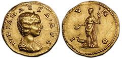 Julia Maesa (grandmother of Elagabalus and Severus Alexander). Gold aureus (6.54 gm). Eastern mint, struck by Elagabalus, AD 218-219. IVLIA MAESA AVG, draped bust right, wearing stephane / IVNO, Juno 