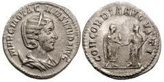 Otacilia Severa (wife of Philip I). Silver antoninianus (4.40 gm). Eastern mint, AD 244. MARCIA OTAC-ILIA SEVERA AVG, draped bust right on crescent, wearing stephane / CONCORDIA AVGVSTI, Philip I and 