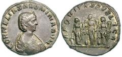 Salonina (wife of Gallienus). Base silver medallion with remains of ancient gilding (28.90 gm). Rome. CORNELIA SALONINA AVG, half-length bust right, wearing stephane, seen from front / AEQVITAS PVBLIC