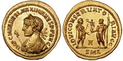 Maximian (first reign, AD 286-305). Ceremonial gold aureus struck at 50 to a pound (6.10 gm). Antioch, AD 287. IMP C M AVR VAL MAXIMIANVS P F AVG, laureate bust left, wearing consular robes and holdin