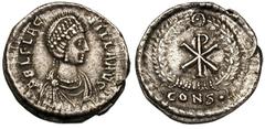 Aelia Flaccilla (wife of Theodosius I). Silver siliqua (2.10 gm). Constantinople, ca. AD 383-388. AEL FLAC-CILLA AVG, draped bust right / Christogram in wreath, CONS. in exergue. RIC 78 (R4). Cohen 8 