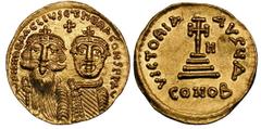 Heraclius (AD 610-641). Gold solidus (4.46 gm). Constantinople, ca. AD 629-January AD 632. dd NN hERACLIUS ET hERA CONST PP AV, crowned facing busts of Heraclius on left, with long beard, and Heracliu