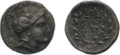 Thessaly, Orthos. Mid 4th century BC. Obol, 0.86g (10h). Obv: Head of Athena right. Rx: Trident within olive wreath; ΟΡΘΙ around wreath to left. Unpublished. "The city has been known as Orthe to coin 