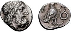 Elis, Olympia. 270s-260s BC. Stater, 11.96g (10h). Obv: Laureate head of Zeus right. Rx: Eagle standing right, wings closed, between thunderbolt to left and coiled serpent to right. Seltman 232 (obver