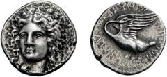 Ionia, Clazomenae. c. 380-360 BC. Tetradrachm, 15.18g (10h). Obv: Laureate, facing head of Apollo, turned slightly left Rx: ΚΛΑZOM - [ENIO]N above and to right, HP - [AKΛEIΔHΣ] below, Swan standing le