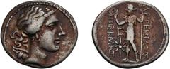 Pamphylia, Perga. c. 255-241 BC, Year 6. Tetradrachm, 15.26g (12h). Obv: Laureate head of Artemis right, bow and quiver behind neck. Rx: APTEMIΔOΣ / ΠEPΓAIAΣ Artemis standing left holding wreath and s