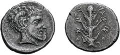 Cyrenaica, Cyrene. c. 435-331 BC. Tetradrachm, 12.93g (12h). Obv: Silphium plant with six leaves, K - V / P - A across field above and below. Rx: Head of Ammon right with ram's horn, short curly hair,