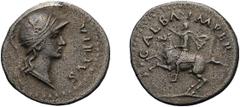 Galba. 68-69 AD. Denarius, 3.38g (6h). Tarraco. Obv: GALBA IMPER Galba on horse prancing left, raising right hand and with cloak flying behind him. Rx: VIRTVS Draped, helmeted bust of Virtus right. Su