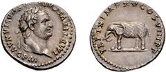 Titus. 79-81 AD. Denarius, 3.47g (7h). Rome, 80 AD. Obv: IMP TITVS CAES [VE]SPASIAN AVG P M. Head laureate right. Rx: TR P IX IMP XV COS VIII P P Elephant walking left, with hatching on body to indica