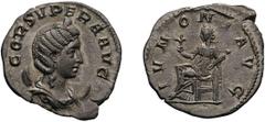 Cornelia Supera, Wife of Aemilian. Antoninianus, 3.23g (5h). Rome. Obv: COR SVPERA AVG Draped bust right on crescent, wearing stephane. Rx: IVNONI AVG Juno seated left, holding flower and child in swa