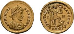 Honorius. 393-423 AD. Solidus, 4.48g (6h). Sirmium, 402-408 AD. Obv: D N HONORI - VS P F AVG Pearl-diademed, draped, cuirassed bust right, seen from front. Rx: VICTORI - A AVGGG H Emperor standing rig