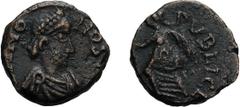 Bonifatius, Count of Africa, or Vandals in Africa, DOMINO NOSTRO series. AE 4, 0.95g (4h). Fifth cent. AD. Obv: [DOM]INO - NOS[TRO] Pearl-diademed, draped, cuirassed bust of emperor right, seen from f