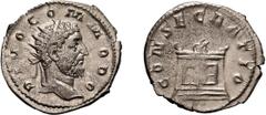 Commodus, Divus. Died 193 AD. Antoninianus, 3.58g (5h). Rome, restored by Trajan Decius, 250-1 AD. Obv: DIVO COMMODO Radiate head of Divus Commodus right. Rx: CONSECRATIO Rectangular, lighted altar wi