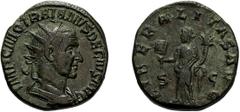 Trajan Decius. 249-251 AD. Dupondius, 13.05g (12h). Rome, . Obv: IMP C M Q TRAIANVS DECIVS AVG Bust radiate, cuirassed right. Rx: LIBERALITAS AVG S - C Liberalitas standing left holding coin counter a