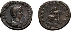 Herennia Etruscilla. Double Sestertius, 35.36g (11h). Rome, . Obv: HERENNIA ETRVSCILLA AVG Bust draped right wearing stephane, earlier hairdo without waves, crescent below bust marking the double deno