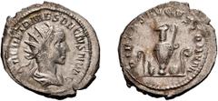 Herennius Etruscus as Caesar. 250-251 AD. Antoninianus, 3.82g (4h). Rome, . Obv: Q HER ETR MES DECIVS NOB C Radiate, draped bust right. Rx: PIETAS AVGVSTORVM Sacrifical implements: sprinkler, ladle, p