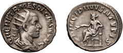 Herennius Etruscus as Caesar. 250-251 AD. Antoninianus, 3.22g (11h). Rome, . Obv: Q HER ETR MES DECIVS NOB C Radiate, draped bust right. Rx: PRINCIPI IVVENTVTIS Apollo seated left, holding branch and 